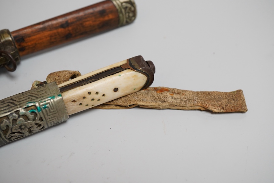 A Chinese travelling knife handle and chopstick holder, 27cm long (holder without chopsticks)